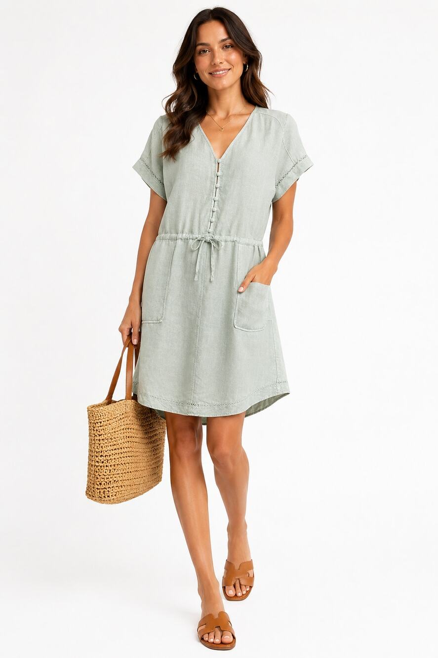 Dear John Linen Blend Sage Green Tie Waist Shift Dress Medium Coastal